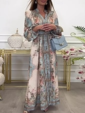 abordables Robes Bohémiennes-Femme Robe Maxi Robe vintage Robe casual robe boheme Elégant mode Décontractées du quotidien Ample Graphic manche longue Col V Bleu clair Printemps Automne