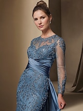 economico BLU-Abito da festa sirena Madre della Sposa Abito Ospite di matrimonio Elegante Collo gioiello Treno a strascico  spazzola Stretch raso Manica lunga con pizzo paillettes arricciato per impressionare 2025