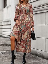 billige Boho-kjoler-Dame Maxikjole Uformell kjole Boho-kjole Fritid Daglig Løstsittende Grafisk Langermet V-hals Brun Vår Høst