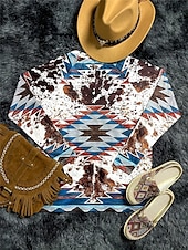 tanie T-shirt boho-damska koszulka vintage etniczny nadruk długi rękaw regularny top dekolt w serek wakacje weekend niebieski wiosna jesień
