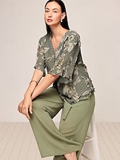 billige Blusedresser for kvinner-Dame Elegant Bluse Bukser med brede ben Halvlange ermer V-hals Blomstret Sløyfe Arbeidstøy Dagligdagstøy Grønn Sommer Løstsittende