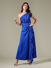 baratos vestido de festa-vestido longo azul cetim sem mangas com babados e um ombro só