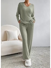 cheap Pajama-setter-Women&#039;s Loungewear Pajama Set Simple Home V Neck Long Sleeve Pullover Pant Spring Fall Black Blue Home Outfits