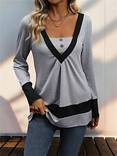 voordelige Dames eenvoudige tops-Dames Overhemd Blouse Effen Kleur Basic Casual Lange mouw V-hals Normale tops Dagelijks Lapwerk Knop Grijs Herfst Winter
