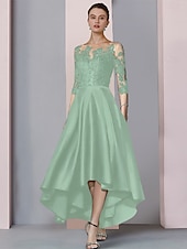 ieftine Lungimea ceaiului-Rochie A-Line pentru mama miresei Rochie elegantă pentru invitați în stil înalt și jos gât rotund asimetrică lungime ceai din satin dantelă mânecă 3/4 cu pliseuri broderie 2025 mărime personalizată
