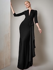preiswerte SCHWARZ-Schwarze Meerjungfrau Abendrobe Elegantes Kleid Formell Herbst Bodenlänge 3/4-Ärmel V-Ausschnitt Stretch-Crêpe mit Federgerafften Rüschen 2025
