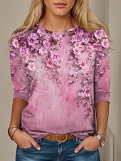 ieftine tricou floral-Tunică pentru femei T-Shirt Modă Casual Print Manșon Lung Bluze Regulate Guler Rotund Zilnic Galben Roz Albastru Primăvară Toamnă