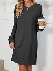 billiga midi svart klänning-Dam Arbetsklänning Skiftklänning Mode Kontor Mini klänning Ficka Rund hals Långärmad Slät Lös passning Svart Rodnande Rosa Himmelsblå Sommar Vår S M L XL 2XL