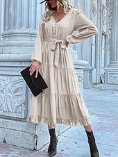 abordables Robes de travail-Robe unie Femme Robe Maxi Lacet Ruché Plein Air Rendez-vous Décontractées Col V manche longue Ample Bleu Orange Vert S M L XL