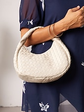 cheap Handbag &amp; Totes-Elegant Women&#039;s Ivory Woven Leather Hobo Bag – Chic Round Handle Purse Perfect for Day to Night Outfits