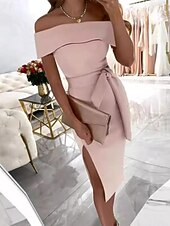 abordables robe noire midi-Femmes Robe Midi Robe noire Robe de remise des diplômes Robe unie Occasionnel Rue Date Coupe régulière Uni Manche Courte Épaules Dénudées Noir Rose Claire Rouge Été Printemps