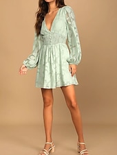 abordables Robes en dentelle blanche-Robe unie Femme Mini robe Maille Patchwork Plein Air Rendez-vous Elégant Décontractées Col V manche longue Ample Blanche Jaune Vert Claire S M L XL