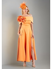 economico Lunghezza del pavimento-ts a-line madre della sposa abito elegante semplice spalle scoperte lunghezza tè raso elasticizzato manica corta con pieghe fiore 2025 taglia personalizzata gratuita
