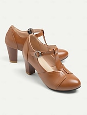 billige Pumps med blokkhæl-Dame Høye hæler Høyhælte Pen sko Mary Jane Store størrelser Avslappet Daglig Helfarge Ensfarget Spenne Tykk hæl Årgang Retro Rød Fritid Gange PU Lær PU T-stropp Svart Gul Rød