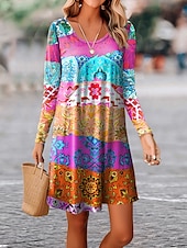 halpa Boho-mekot-Naisten Mini mekko Mini mekko Tpaitamekko Kesämekko A linjainen mekko Tyylikäs Loma Katu Kausaliteetti Normaali Kuvitettu Väripalikka Pitkähihainen Tiukka pyöreä kaula-aukko Colourful Kesä Kevät Syksy