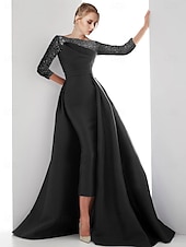preiswerte SCHWARZ-Sheath Abendkleid Elegantes Kleid Formell Sweep  Brush Zug Lange Ärmel Illusion Hals Champagner Mutter der Braut Kleid Satin mit Perlen Maskerade Kleid