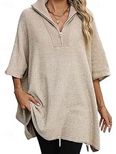 preiswerte Einfarbige Farben-Damen Pullover Brautkleider schlicht Feste Farbe Troyer Halber Reißverschluss Zip Halbe Ärmel Lange Oberteile Stricken Täglich Schwarz Beige Herbst Winter