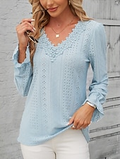 cheap Lace Tops-Women&#039;s Elegant Lace Tops Eyelet Blouse Solid Color Lace Eyelet Flutter Sleeve Long Sleeve Regular Tops V Neck Daily Romantic Petite Tops Summer Holiday Wear Pink Blue Purple Green Spring Fall