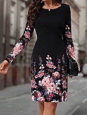preiswerte Blumenkleid-Damen Maxidress Sweatshirt-Kleid Winter Kleid Corsagenkleider Etuikleid Elegant Stilvoll Urlaub Party Strasse Regular Fit Blumen Langarm Rundhalsausschnitt Rosa Blau Orange Sommer Herbst Winter