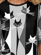 baratos Camiseta de Animais-Camiseta Feminina de Manga Longa Gola Redonda Longa Tunic Casual Ombre Impressão de Gato Tops Regulares Diários Pretos Primavera Outono Pré-Outono