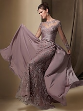 economico BLU-Abito da festa sirena Madre della Sposa Abito Ospite di matrimonio Elegante Collo gioiello Treno a strascico  spazzola Stretch raso Manica lunga con pizzo paillettes arricciato per impressionare 2025