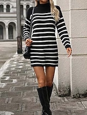 olcso Kötött ruhák-Női Pulóverruha Alkalmi Csíkos Mock Neck Nyomtatott Hosszú ujj Normál felsők Kötött Munka Napi Fehér / Fekete Lóhere Ősz Tél