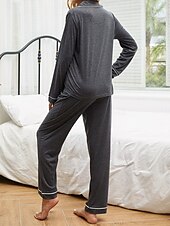preiswerte Damen Schlafanzüge-Damen-Pyjama-Sets in reiner Farbe, modisch, Basic-Komfort für zu Hause, tägliches Bett, atmungsaktives Revers, langärmeliges Hemd, Hose, Knopftasche, Herbst-Winter-Home-Outfits