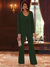 voordelige Broekpakken van mama-Strand Bruiloft Jumpsuit  Broekpak 3-delig Moeder van de Bruid Formele Bruiloft Gast Elegante V-Hals Vloerlengte Chiffon Kant Lange Mouw Jas met Apliques 2025