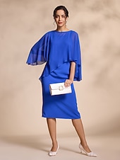 abordables Bodas y eventos-Vestido de gasa azul casual de 2 piezas con mangas redondas y corte midi para madre de la novia, vestido para impresionar 2024