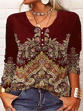 levne Boho tričko-Dámské Tričko Květinový Módní Dlouhý rukáv Kulatý Běžné topy Denní Víkend Knoflíky Tisk Černá Fialová Vodní modrá Trávová zelená Jaro &amp; podzim