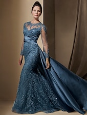 economico BLU-Abito da festa sirena Madre della Sposa Abito Ospite di matrimonio Elegante Collo gioiello Treno a strascico  spazzola Stretch raso Manica lunga con pizzo paillettes arricciato per impressionare 2025