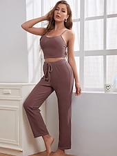 billige Nattøy for damer-kvinners loungewear sett 3 stykker ren farge tilfeldig komfort hjemme komfort stropper stropp topp bukselomme høst vinter hjemmeantrekk