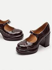 cheap 1950s-Women&#039;s Brown Patent Leather Mary Jane Block Heel Pumps with Brogue Detailing - Vintage-Inspired Dress Shoes for Office and Evening Wear