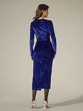 levne Party šaty-sametově tmavě modré třpytivé elegantní párty midi šaty