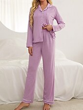 preiswerte Damen Schlafanzüge-Damen-Pyjama-Sets in reiner Farbe, modisch, Basic-Komfort für zu Hause, tägliches Bett, atmungsaktives Revers, langärmeliges Hemd, Hose, Knopftasche, Herbst-Winter-Home-Outfits