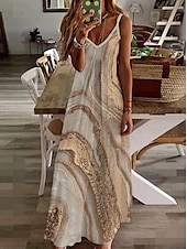 billige Kunst og Design Kjoler-Kvinners Maxi Kjole Fritids Kjole Strandkjole Blomsterkjole Grunnleggende Klassisk Fritid Ferie Daglig Regular Fit Print Marmor Ermeløs V Utringning Khaki Lys Blå Sommer Vår