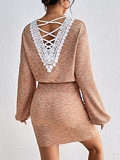 cheap Jumper Dresses-Women&#039;s Plain Dress Mini Dress Lace Backless Casual V Neck Long Sleeve Light Brown Color