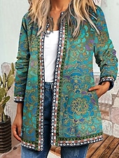 billiga casual jackor-Dam Jacka Vardag Fyrkantig hals Mönster Blommig Ledigt / vardag Vintage Lös passning Ytterkläder Långärmad Vår Havsblå S