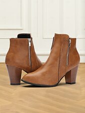 cheap Vintage Boots-Women&#039;s Brown Faux Leather Ankle Boots with Side Zipper and Block Heel - Vintage Style for Casual and Dressy Occasions