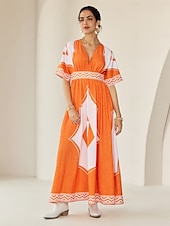 economico abito casual stampato-abito lungo da vacanza in stile bohémien con stampa geometrica e scollo a V