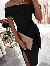 abordables robe noire midi-Femmes Robe Midi Robe noire Robe de remise des diplômes Robe unie Occasionnel Rue Date Coupe régulière Uni Manche Courte Épaules Dénudées Noir Rose Claire Rouge Été Printemps
