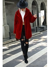 cheap Sherpa Jackets-Women&#039;s Sherpa Jacket Teddy Coat Warm Zipper Pocket Fashion Casual Plain Work Open Front Turndown Loose Fit Long Sleeve Outerwear Black Red Gray Fall Winter