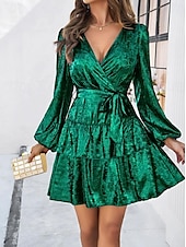 cheap Cocktail Dress-Women&#039;s Layered Bow Waist Dress Mini Dress Puff Sleeve Elegant Classic Plain V Neck Long Sleeve Wedding Guest Cocktail Party Spring Fall Black Blue