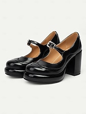 cheap 1950s-Women&#039;s Brown Patent Leather Mary Jane Block Heel Pumps with Brogue Detailing - Vintage-Inspired Dress Shoes for Office and Evening Wear