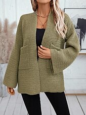 preiswerte Strickjacken und Oberbekleidung-Damen Strickjacke Basic Feste Farbe Öffnung vorne Strick Langarm Normale Oberteile Stricken Arbeit Armeegrün Beige Herbst Winter