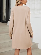 billiga midi svart klänning-Dam Arbetsklänning Skiftklänning Mode Kontor Mini klänning Ficka Rund hals Långärmad Slät Lös passning Svart Rodnande Rosa Himmelsblå Sommar Vår S M L XL 2XL