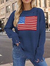 abordables Motifs graphiques et détails-Femme Pull Chandail mode Décontractées Couleur unie Col Ras du Cou Imprimer Épaule tombante manche longue Hauts longs Tricoter du quotidien Sortie bleu marine Beige Automne Hiver