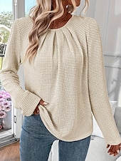 お買い得  女性用のプレーントップス-レディース ブラウス スタイリッシュ モダン ルーシュ 長袖 レギュラー トップス クルーネック 仕事 デイリー ホワイト 春 秋