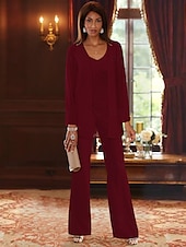 voordelige Broekpakken van mama-Strand Bruiloft Jumpsuit  Broekpak 3-delig Moeder van de Bruid Formele Bruiloft Gast Elegante V-Hals Vloerlengte Chiffon Kant Lange Mouw Jas met Apliques 2025