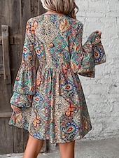 levne Boho šaty-Dámské Mini šaty Volnočasové šaty Boho šaty Elegantní Rozšířený rukáv Dovolená Denní Rande Volný Grafika Dlouhý rukáv Do V Colourful Jaro Podzim